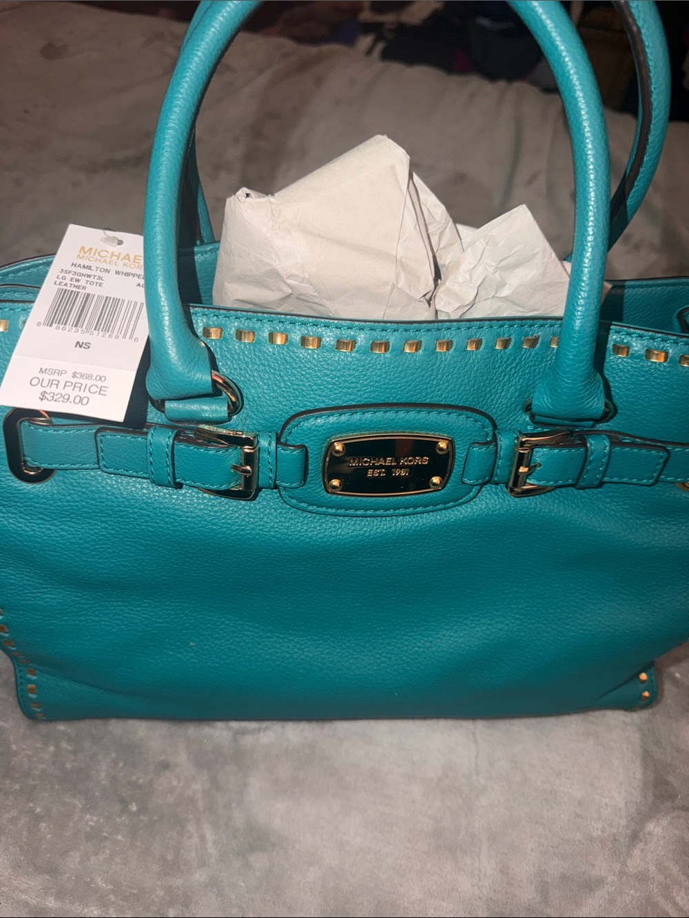 Michael Kors Turquoise Leather Tote with Gold Hardware